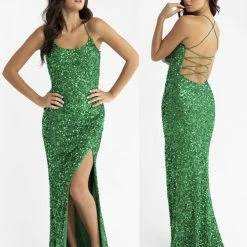 In Stock Backless Dresses Primavera Couture 3290 Neon Pink Size 4, 6 Prom Dress Sequins Long Fitted Tie Back Scoop Neckline