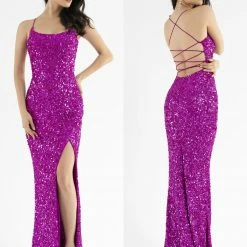 In Stock Backless Dresses Primavera Couture 3290 Neon Pink Size 4, 6 Prom Dress Sequins Long Fitted Tie Back Scoop Neckline