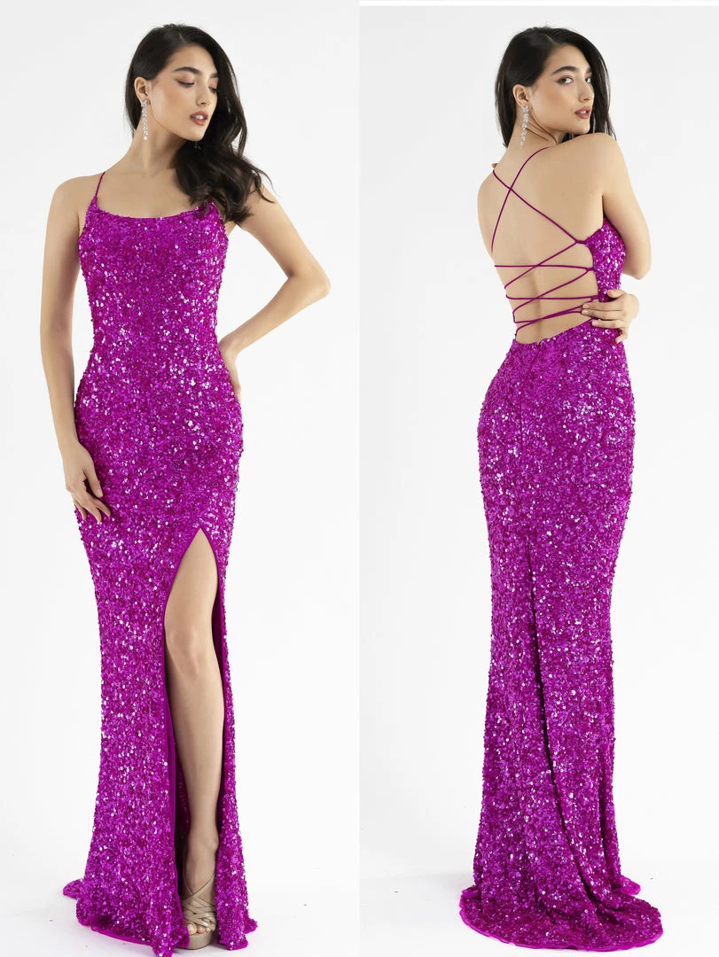 In Stock Primavera Couture 3290 Size 0 Fuchsia Prom Dress Sequins Long Fitted Tie Back Scoop Neckline 3 In Stock Primavera Couture 3290 Size 0 Fuchsia Prom Dress Sequins Long Fitted Tie Back Scoop Neckline
