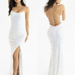 In Stock Backless Dresses Primavera Couture 3290 Neon Pink Size 4, 6 Prom Dress Sequins Long Fitted Tie Back Scoop Neckline