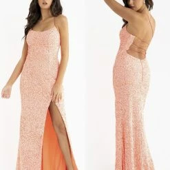In Stock Backless Dresses Primavera Couture 3290 Neon Pink Size 4, 6 Prom Dress Sequins Long Fitted Tie Back Scoop Neckline