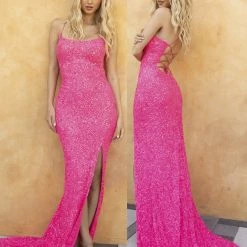 In Stock Backless Dresses Primavera Couture 3290 Neon Pink Size 4, 6 Prom Dress Sequins Long Fitted Tie Back Scoop Neckline