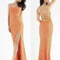 In Stock Backless Dresses Primavera Couture 3290 Neon Pink Size 4, 6 Prom Dress Sequins Long Fitted Tie Back Scoop Neckline