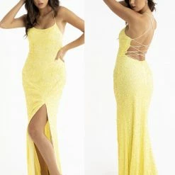 In Stock Backless Dresses Primavera Couture 3290 Neon Pink Size 4, 6 Prom Dress Sequins Long Fitted Tie Back Scoop Neckline