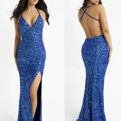 In Stock Backless Dresses Primavera Couture 3291 Blue Prom Dress Sequins V Neckline Fitted Side Slit Backless Sizes 00, 2, 4, 8, 12, 14 11 In Stock Backless Dresses Primavera Couture 3291 Blue Prom Dress Sequins V Neckline Fitted Side Slit Backless Sizes 00, 2, 4, 8, 12, 14
