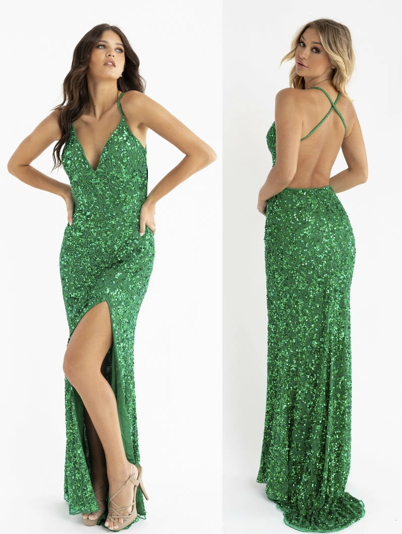 In Stock Backless Dresses Primavera Couture 3295 Size 4, 6, 8 Emerald Prom Dress V Neckline Sequins Backless Slit Formal Evening Gown 5 In Stock Backless Dresses Primavera Couture 3295 Size 4, 6, 8 Emerald Prom Dress V Neckline Sequins Backless Slit Formal Evening Gown