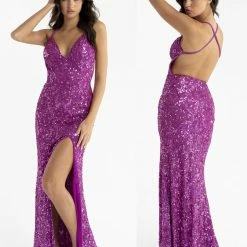 In Stock Primavera Couture 3295 Size 2 Purple Prom Dress V Neckline Sequins Backless Slit Formal Evening Gown 65 In Stock Primavera Couture 3295 Size 2 Purple Prom Dress V Neckline Sequins Backless Slit Formal Evening Gown