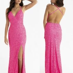 Primavera Couture 3295 Prom Dress V Neckline Sequins Backless Slit Formal Evening Gown Backless Dresses