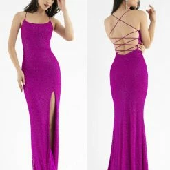 Sequin Dresses Primavera Couture 3413 Scoop Neckline Beaded Sequins Prom Dress Open Back Slit