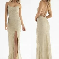 Sequin Dresses Primavera Couture 3413 Scoop Neckline Beaded Sequins Prom Dress Open Back Slit