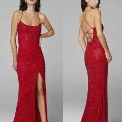 Sequin Dresses Primavera Couture 3413 Scoop Neckline Beaded Sequins Prom Dress Open Back Slit