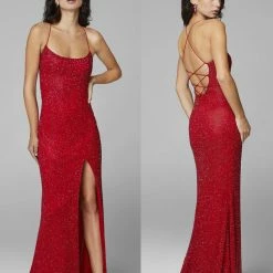 In Stock Backless Dresses Primavera Couture 3413 Size 8 Scoop Neckline Beaded Sequins Prom Dress Open Back Slit