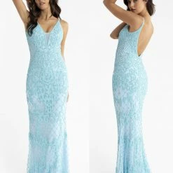 Primavera Couture 3433 Long V Neckline Sequin Prom Dress Embellished Straight Skirt