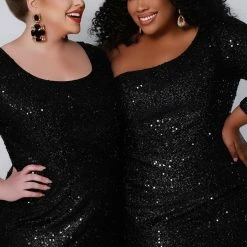 Long Sleeve Dresses Sydney's Closet SC7319 One Long Sleeve Prom Dress Fitted Plus Sized With Slit SC 7319