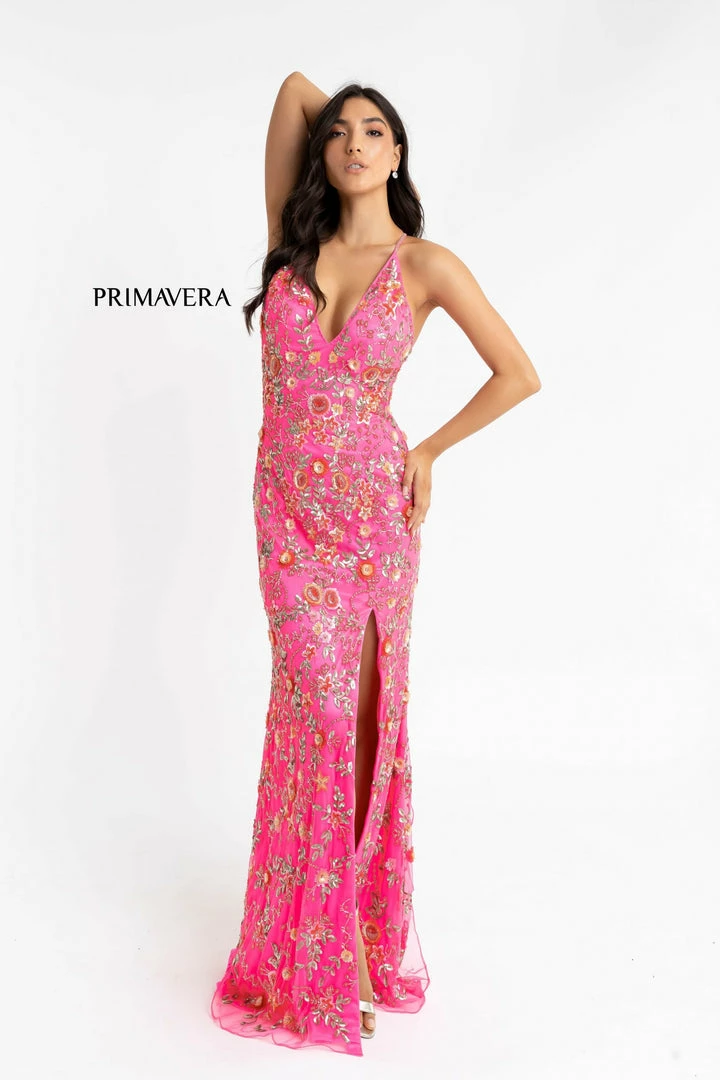 Primavera Couture 3073 Long Beaded Floral Print Prom Dress Evening Gown V Neckline Slit Sequin Dresses 3 Primavera Couture 3073 Long Beaded Floral Print Prom Dress Evening Gown V Neckline Slit Sequin Dresses