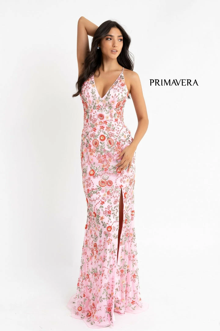Primavera Couture 3073 Long Beaded Floral Print Prom Dress Evening Gown V Neckline Slit Sequin Dresses 9 Primavera Couture 3073 Long Beaded Floral Print Prom Dress Evening Gown V Neckline Slit Sequin Dresses