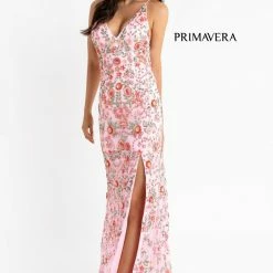 Primavera Couture 3073 Long Beaded Floral Print Prom Dress Evening Gown V Neckline Slit Sequin Dresses 161 Primavera Couture 3073 Long Beaded Floral Print Prom Dress Evening Gown V Neckline Slit Sequin Dresses