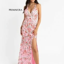Primavera Couture 3073 Long Beaded Floral Print Prom Dress Evening Gown Side Slit