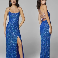 In Stock Primavera Couture 3290 Blue Prom Dress Sequins Long Fitted Tie Back Scoop Neckline Size 12