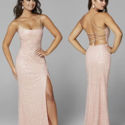 In Stock Backless Dresses Primavera Couture 3290 Neon Pink Size 4, 6 Prom Dress Sequins Long Fitted Tie Back Scoop Neckline