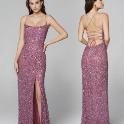 In Stock Primavera Couture 3290 Blue Prom Dress Sequins Long Fitted Tie Back Scoop Neckline Size 12