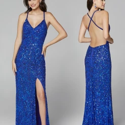 Primavera Couture 3295 Prom Dress V Neckline Sequins Backless Slit Formal Evening Gown Backless Dresses