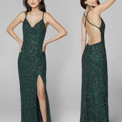 In Stock Primavera Couture 3295 Blue Prom Dress V Neckline Sequins Backless Slit Formal Evening Gown Size 2 Backless Dresses