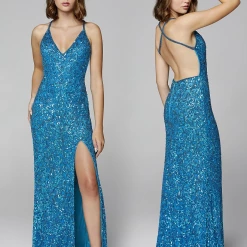 In Stock Primavera Couture 3295 Blue Prom Dress V Neckline Sequins Backless Slit Formal Evening Gown Size 2 Backless Dresses