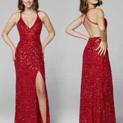 In Stock Primavera Couture 3295 Red Size 10 Prom Dress V Neckline Sequins Backless Slit Formal Evening Gown Backless Dresses