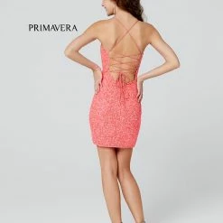 In Stock Primavera Couture 3351 Hot Pink Cocktail Dress Short Fitted Sequin Backless Homecoming Dress Sizes 6, 8