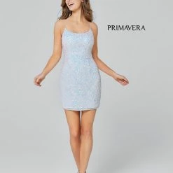 Backless Dresses Primavera 3351 Blue Cocktail Dress Short Fitted Sequin Backless Homecoming Dress