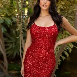 In Stock Primavera 3351 Coral Cocktail Dress Short Fitted Sequin Backless Homecoming Dress Sizes 8 Backless Dresses
