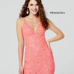 Primavera Couture 3352 Coral Cocktail Dress Short Sequin Beaded Formal Backless Backless Dresses