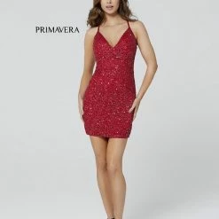 In Stock Primavera Couture 3352 Red Short Fitted Beaded Backless Cocktail Dress Homecoming Size 00 Backless Dresses