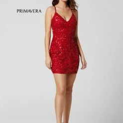 Backless Dresses Primavera Couture 3353 Red Cocktail Dress Sequin Backless V Neckline Fitted