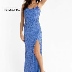 Sequin Dresses Primavera Couture 3413 Scoop Neckline Beaded Sequins Prom Dress Open Back Slit