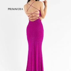 Sequin Dresses Primavera Couture 3413 Scoop Neckline Beaded Sequins Prom Dress Open Back Slit
