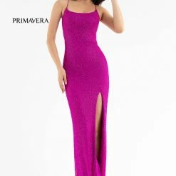 Sequin Dresses Primavera Couture 3413 Scoop Neckline Beaded Sequins Prom Dress Open Back Slit