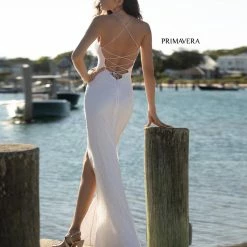 Sequin Dresses Primavera Couture 3413 Scoop Neckline Beaded Sequins Prom Dress Open Back Slit