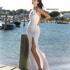 Sequin Dresses Primavera Couture 3413 Scoop Neckline Beaded Sequins Prom Dress Open Back Slit