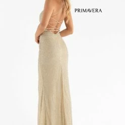 Sequin Dresses Primavera Couture 3413 Scoop Neckline Beaded Sequins Prom Dress Open Back Slit
