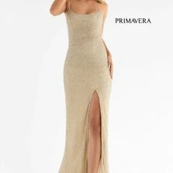 Sequin Dresses Primavera Couture 3413 Scoop Neckline Beaded Sequins Prom Dress Open Back Slit