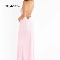 Sequin Dresses Primavera Couture 3413 Scoop Neckline Beaded Sequins Prom Dress Open Back Slit