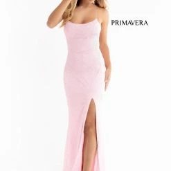 Sequin Dresses Primavera Couture 3413 Scoop Neckline Beaded Sequins Prom Dress Open Back Slit