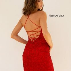 In Stock Backless Dresses Primavera Couture 3558 Cocktail Dress Rosette Beaded Scoop Neckline Lace Up Tie Back Size 2