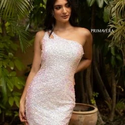In Stock Primavera Couture 3573 Size 6 Cocktail Dress One Shoulder Double Strap Fitted Sequins Backless Backless Dresses