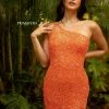 In Stock Backless Dresses Primavera Couture 3573 Orange Cocktail Dress One Shoulder Double Strap Fitted Sequins Backless Size 00