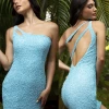 In Stock Backless Dresses Primavera Couture 3573 Powder Blue Cocktail Dress One Shoulder Double Strap Fitted Sequins Backless Size 6, 8