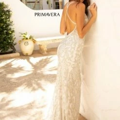 In Stock Primavera Couture 3721 Beaded Prom Dress V Neckline Slit Crisscross Open Back