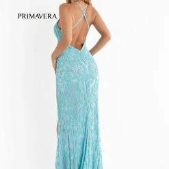 In Stock Primavera Couture 3721 Beaded Prom Dress V Neckline Slit Crisscross Open Back